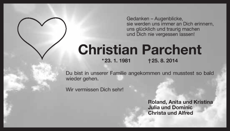  Traueranzeige für Christian Parchent vom 27.08.2014 aus Nordbayerischer Kurier