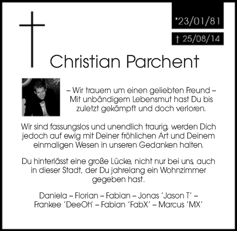  Traueranzeige für Christian Parchent vom 27.08.2014 aus Nordbayerischer Kurier