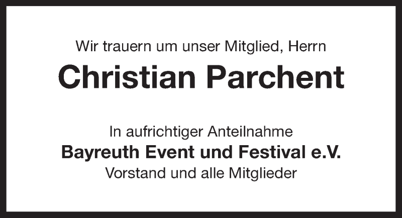  Traueranzeige für Christian Parchent vom 29.08.2014 aus Nordbayerischer Kurier
