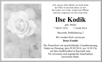 Anzeige von Ilse Kodik von Nordbayerischer Kurier