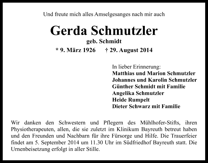  Traueranzeige für Gerda Schmutzler vom 03.09.2014 aus Nordbayerischer Kurier