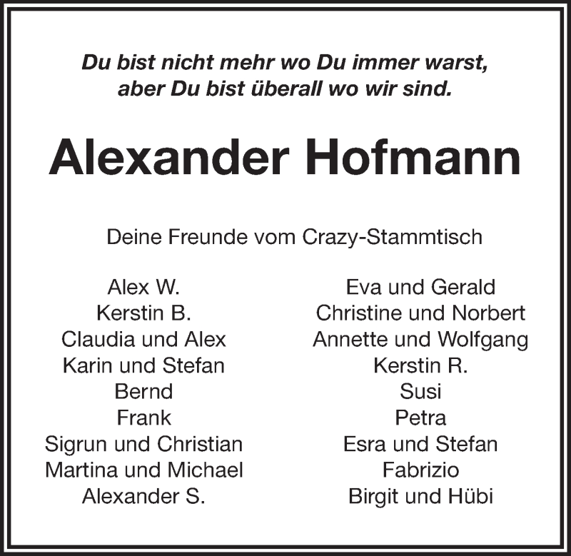  Traueranzeige für Alexander Hofmann vom 30.09.2014 aus Nordbayerischer Kurier