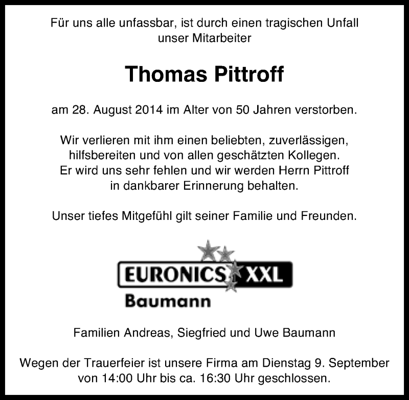  Traueranzeige für Thomas Pittroff vom 06.09.2014 aus Nordbayerischer Kurier