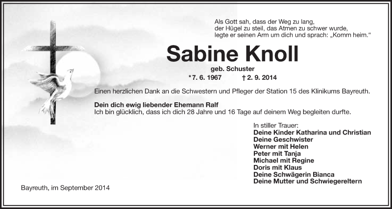  Traueranzeige für Sabine Knoll vom 06.09.2014 aus Nordbayerischer Kurier