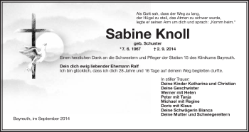 Anzeige von Sabine Knoll von Nordbayerischer Kurier