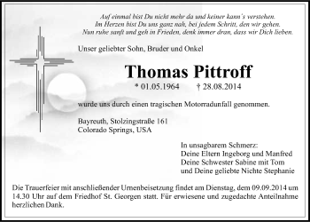 Anzeige von Thomas Pittroff von Nordbayerischer Kurier
