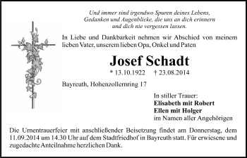 Anzeige von Josef Schadt von Nordbayerischer Kurier