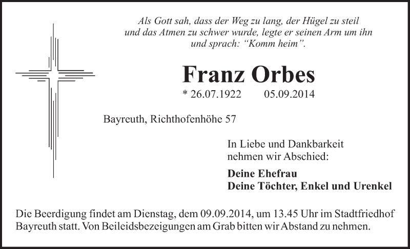  Traueranzeige für Franz Orbes vom 06.09.2014 aus Nordbayerischer Kurier