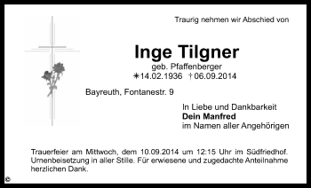 Anzeige von Inge Tilgner  von Nordbayerischer Kurier