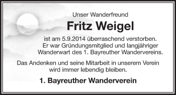 Anzeige von Fritz Weigel von Nordbayerischer Kurier