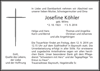 Anzeige von Josefine Köhler  von Nordbayerischer Kurier