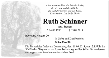 Anzeige von Ruth Schinner  von Nordbayerischer Kurier
