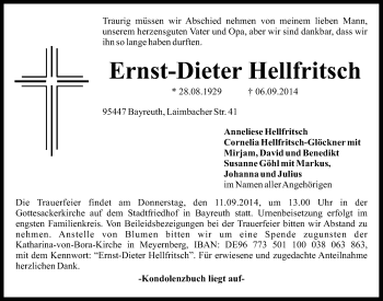Anzeige von Ernst-Dieter Hellfritsch  von Nordbayerischer Kurier