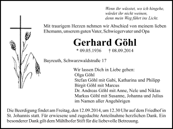 Anzeige von Gerhard Göhl  von Nordbayerischer Kurier