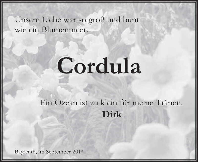  Traueranzeige für Cordula Scheick vom 10.09.2014 aus Nordbayerischer Kurier
