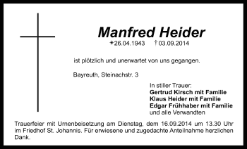 Anzeige von Manfred Heider von Nordbayerischer Kurier