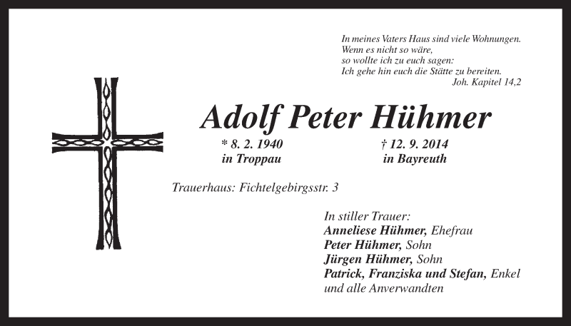  Traueranzeige für Adolf Peter Hühmer vom 13.09.2014 aus Nordbayerischer Kurier