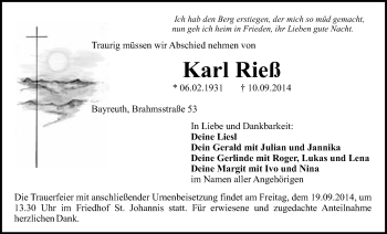 Anzeige von Karl Rieß von Nordbayerischer Kurier
