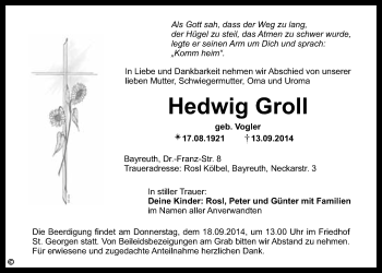 Anzeige von Hedwig Groll von Nordbayerischer Kurier