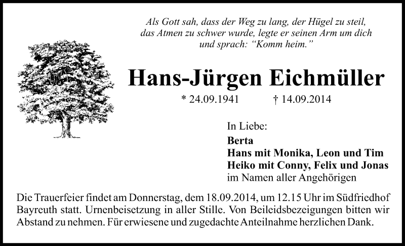  Traueranzeige für Hans-Jürgen Eichmüller vom 16.09.2014 aus Nordbayerischer Kurier
