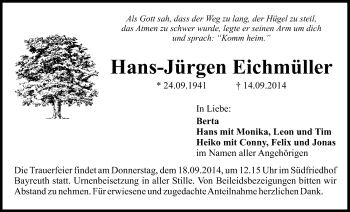 Anzeige von Hans-Jürgen Eichmüller von Nordbayerischer Kurier