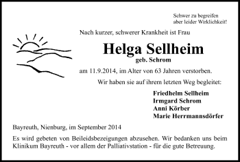 Anzeige von Helga Sellheim von Nordbayerischer Kurier