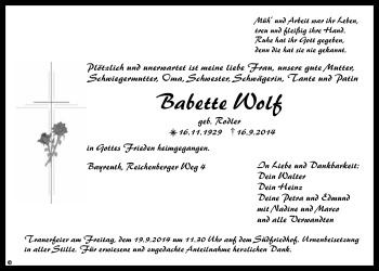 Anzeige von Babette Wolf von Nordbayerischer Kurier