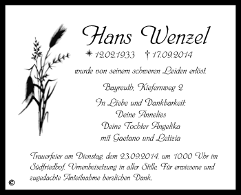 Anzeige von Hans Wenzel von Nordbayerischer Kurier