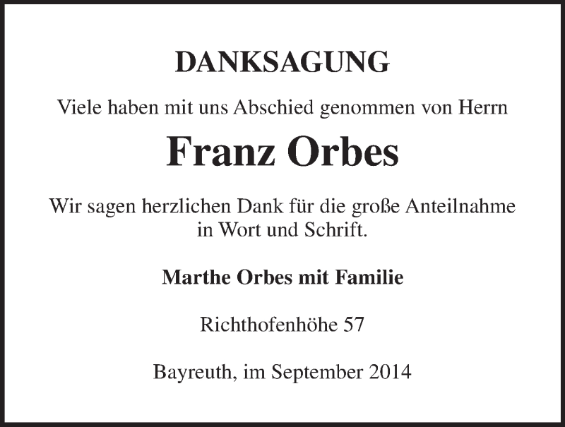  Traueranzeige für Franz Orbes vom 20.09.2014 aus Nordbayerischer Kurier