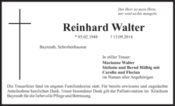 Anzeige von Reinhard Walter von Nordbayerischer Kurier