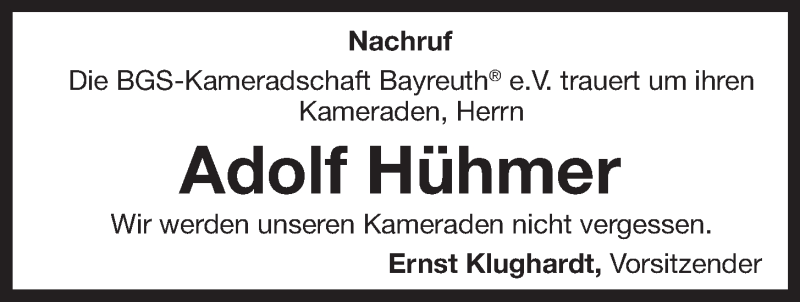  Traueranzeige für Adolf Peter Hühmer vom 23.09.2014 aus Nordbayerischer Kurier