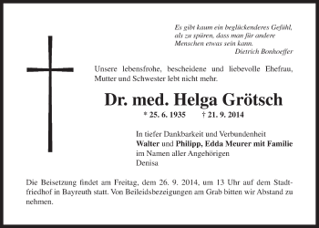 Anzeige von Helga Grötsch von Nordbayerischer Kurier