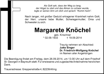 Anzeige von Margarete Knöchel von Nordbayerischer Kurier