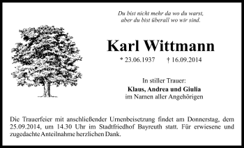 Anzeige von Karl Wittmann von Nordbayerischer Kurier