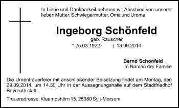 Anzeige von Ingeborg Schönfeld von Nordbayerischer Kurier