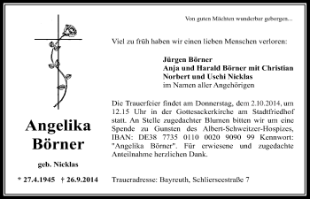 Anzeige von Angelika Börner von Nordbayerischer Kurier
