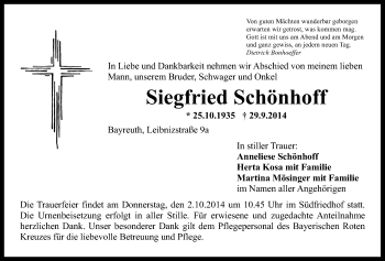 Anzeige von Siegfried Schönhoff von Nordbayerischer Kurier