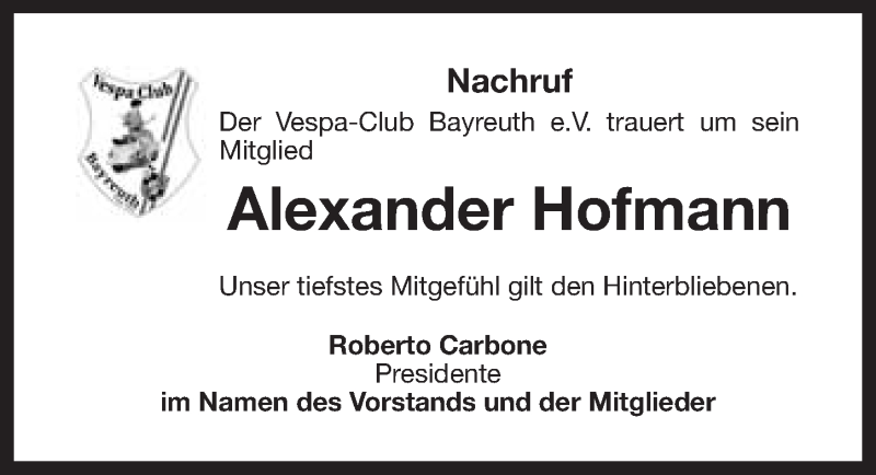  Traueranzeige für Alexander Hofmann vom 01.10.2014 aus Nordbayerischer Kurier