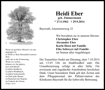 Anzeige von Heidi Eber von Nordbayerischer Kurier