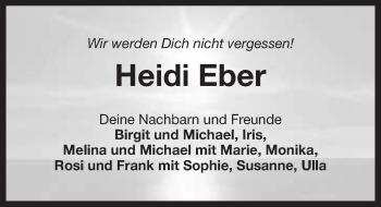 Anzeige von Heidi Eber von Nordbayerischer Kurier