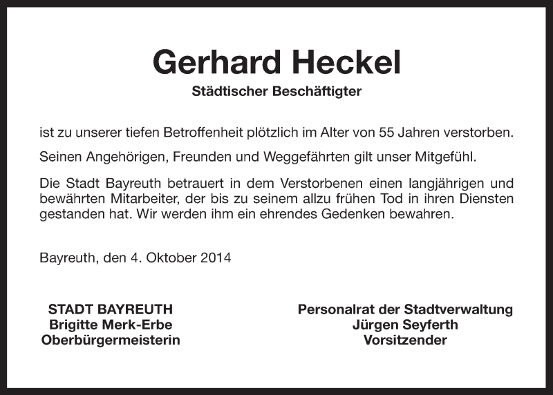  Traueranzeige für Gerhard Heckel vom 04.10.2014 aus Nordbayerischer Kurier