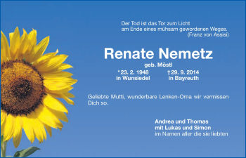 Anzeige von Renate Nemetz von Nordbayerischer Kurier