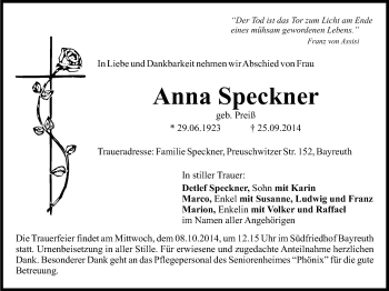 Anzeige von Anna Speckner von Nordbayerischer Kurier