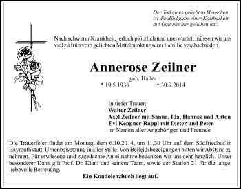 Anzeige von Annerose Zeilner von Nordbayerischer Kurier