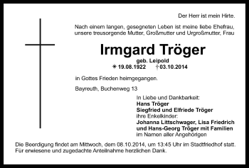 Anzeige von Irmgard Tröger von Nordbayerischer Kurier