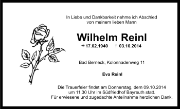 Anzeige von Wilhelm Reinl von Nordbayerischer Kurier