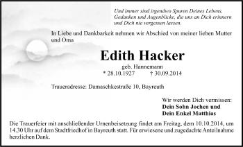 Anzeige von Edith Hacker von Nordbayerischer Kurier
