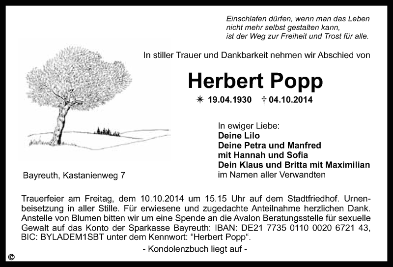  Traueranzeige für Herbert Popp vom 08.10.2014 aus Nordbayerischer Kurier
