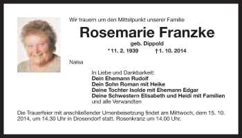 Anzeige von Rosemarie Franzke von Nordbayerischer Kurier