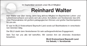 Anzeige von Reinhard Walter von Nordbayerischer Kurier